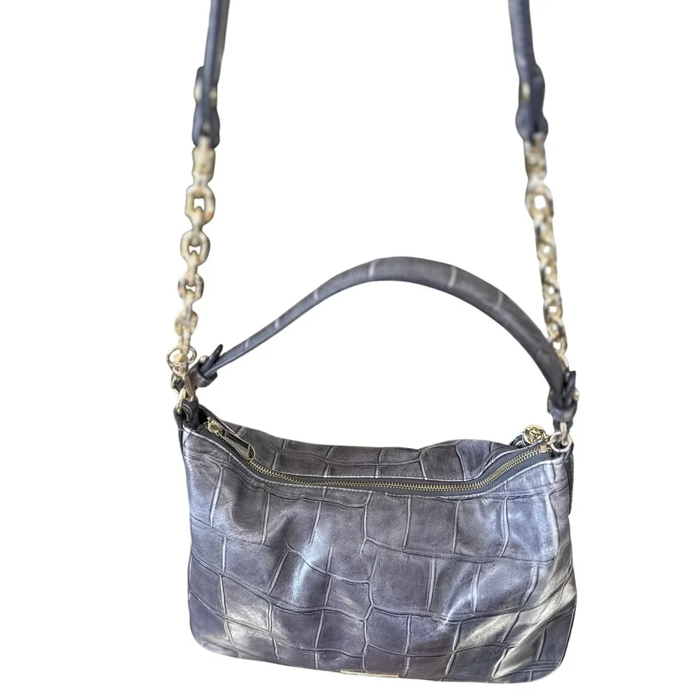 Brahmin Grey Croc Embossed‎ Leather Shoulder Bag Gold Chain Tassel Accent